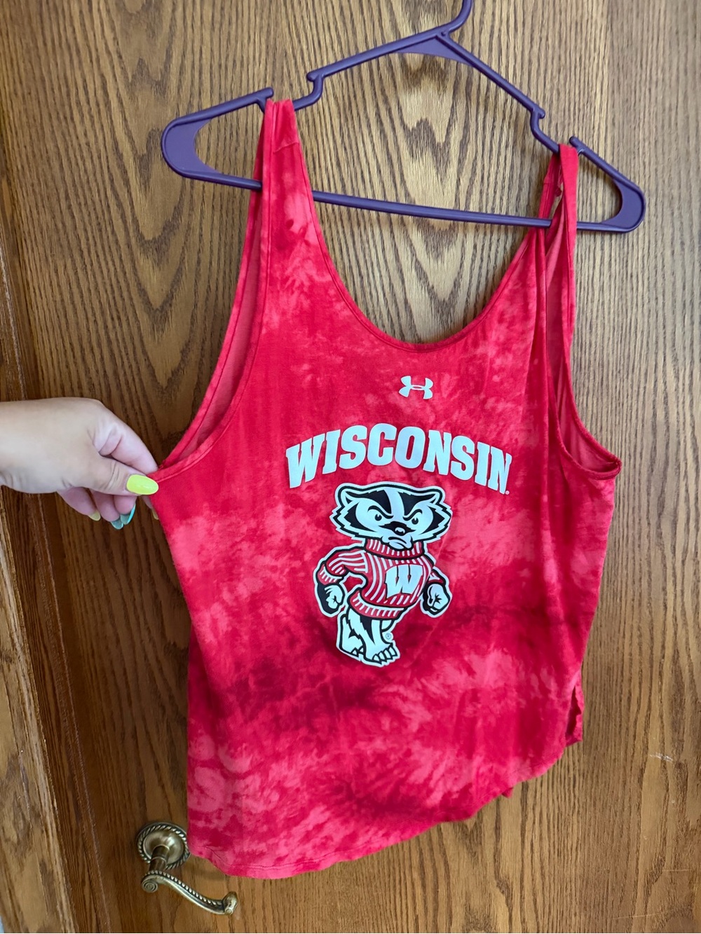 Under Armour Red Tie-Dye Wisconsin Tank Top with Bucky Graphic